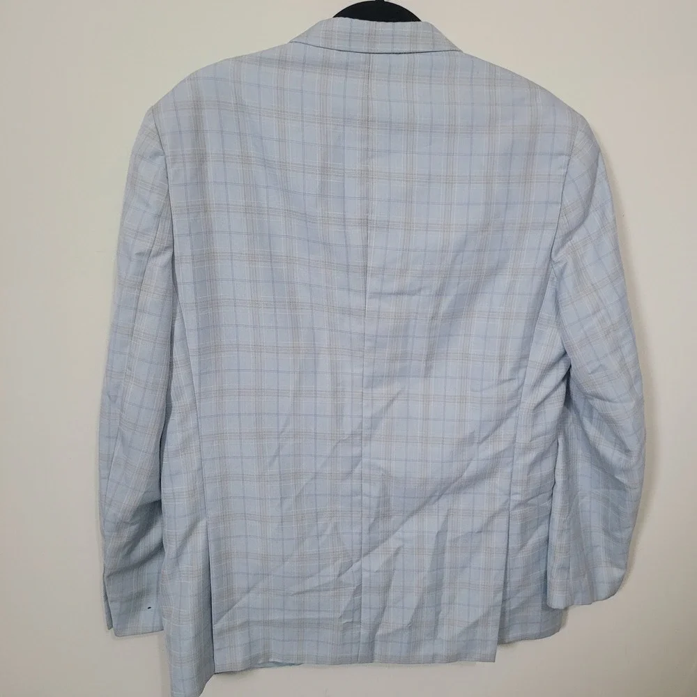 Lineage 40R W34 3 Piece Suit Mens Aqua Blue Plaid Blazer Trousers Viscose Blend
